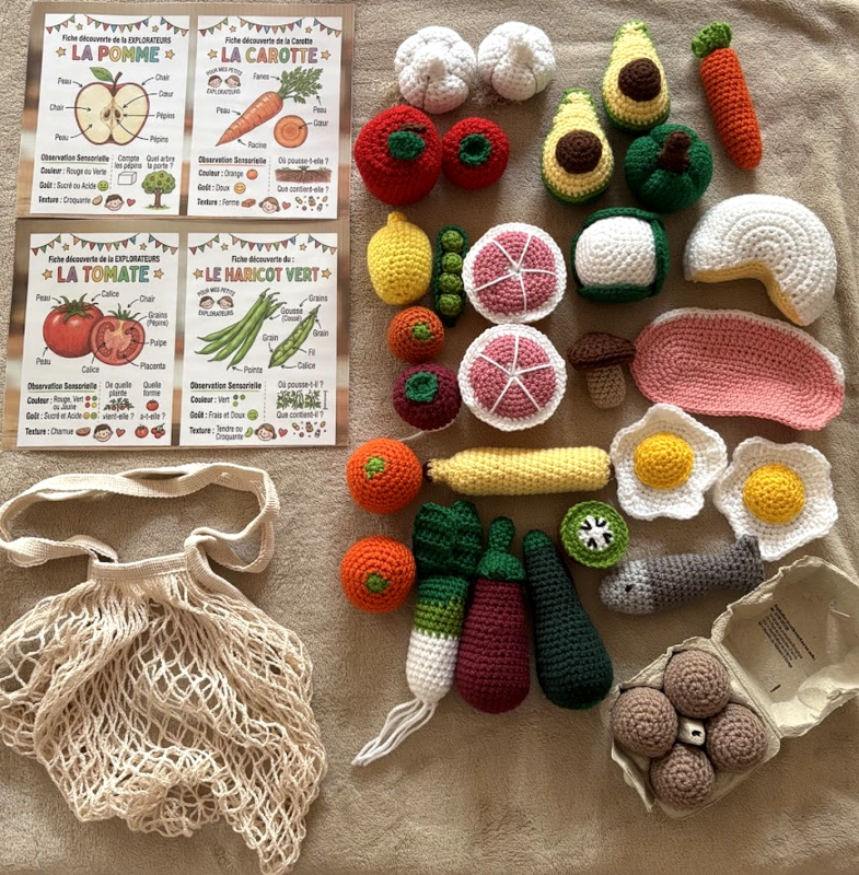 lot de dinette fait main au crochet avec fiches éducatives